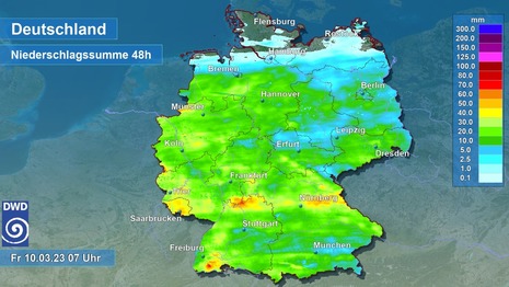 48-stündige Niederschlagssummen bis Freitag 10.03.2023 07 Uhr (Quelle DWD)