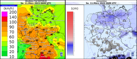 Deutschlandkarte mit gemessenen Windböen und gemessener Gesamtschneehöhe am 11.03.2023 7 Uhr MEZ (Quelle DWD)