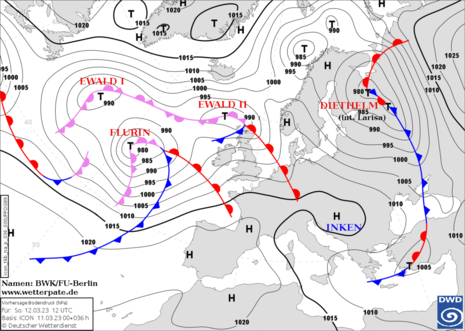 Vorhersage des Bodendrucks mit Namen der Druckgebilde für 12.03.2023 (Quelle DWD)