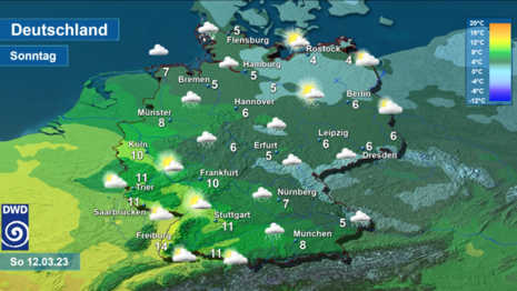 Wetter und Höchsttemperatur für Sonntag, 12.03.2023 (Quelle DWD)