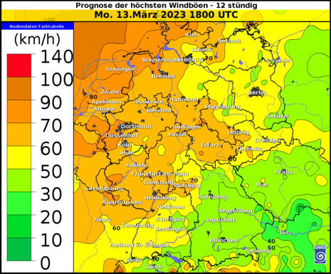 Vorhersage der Windböen am Montag, 13.03.2023 (Quelle DWD)