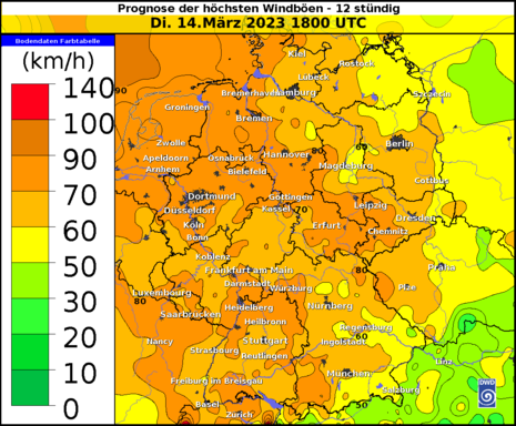 Vorhersage der Windböen am Dienstag, 14.03.2023 (Quelle DWD)