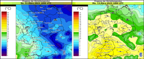 Vorhersage des Höchsttemperatur am Sonntag (links) und Montag (rechts) (Quelle DWD)