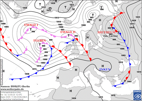 Prognostizierte Wetterlage am Sonntag, 12. März 2023 um 13 Uhr (Quelle DWD)