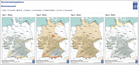 Wochenvorhersage Wettergefahren vom heutigen Sonntag bis Mittwoch für Sturm (Quelle DWD-VBZ-FEWIS)