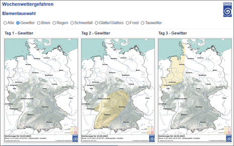 Wochenvorhersage Wettergefahren vom heutigen Sonntag bis Dienstag für starke Gewitter