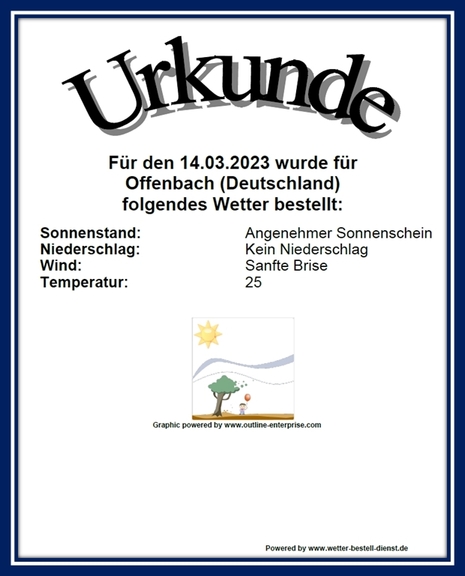 Urkunde des Wetterbestell-Dienstes mit dem Wunschwetter für Offenbach am 14.03.2023 (Quelle https://www.wetter-bestell-dienst.de)