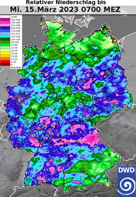Aus Radardaten abgeleitete relative Niederschlagsmenge in Deutschland seit 01. März. Strichweise wurden über 300 %, vereinzelt sogar um 500 % des Niederschlagssolls der ersten Märzhälfte erreicht.