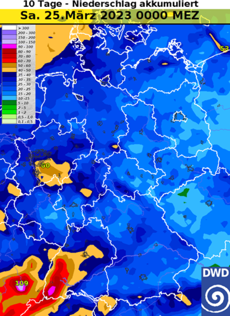 Akkumulierter 10-Tages-Niederschlag in Deutschland. Insbesondere im Westen und Südwesten viel Niederschlag, nach Osten hin trockener.