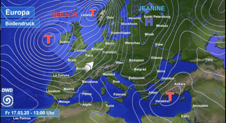 Isobarenkarte für Freitag, 17.03.2023, 13 Uhr.