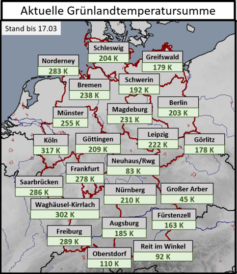 Dargestellt ist eine Karte auf der die aktuelle Summe der Grünlandtemperatur für ausgewählten Stationen in Deutschland zu sehen ist (bis 17.03.2023).