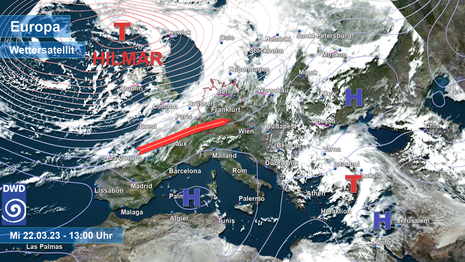 Satellitenbild und Verteilung der Druckgebilde am Mittwoch, den 22.03.2023 um 12 UTC