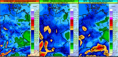 Akkumulierter Niederschlag bis Montagmorgen, den 27.03.2023 in Liter pro Quadratmeter