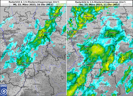 Niederschlagsradarbild und einstündige Niederschlagsmenge vom 22.03.2023, 16 Uhr (links) und vom 23.03.2023, 11 Uhr (rechts).