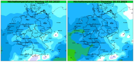 Vorhergesagte Höchsttemperaturen, links heute (Montag), rechts Dienstag