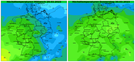 Vorhergesagte Höchsttemperaturen, links Mittwoch, rechts Donnerstag