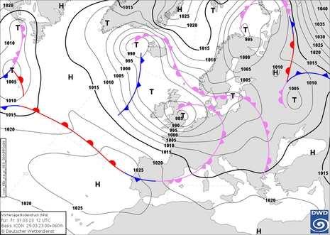 Karte Europa und Nordatlantik mit Vorhersage der Isobaren, Fronten und Druckzentren für Freitag, 31.03.2023 12 UTC (14 MESZ) (Quelle DWD)