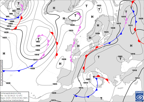 Karte Europa und Nordatlantik mit Vorhersage der Isobaren, Fronten und Druckzentren für Sonntag, 02.04.2023 12 UTC (14 MESZ) (Quelle DWD)