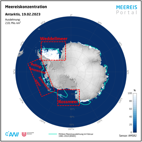 Minimale Meereiskonzentration in der Antarktis vom 19.02.2023 (Quelle Meereisportal (AWI, Universität Bremen), adaptiert durch DWD)