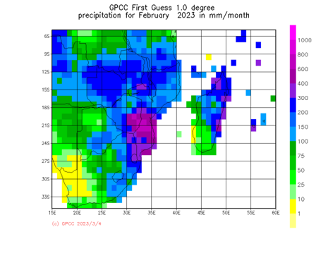 monatliche Niederschlagssumme Südostafrika des GPCC für Februar 2023 (Quelle GPCC/DWD)
