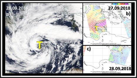 Links ein Satellitenbild von NASA worldview und rechts ASCAT Winddaten von NOAA/NESDIS/STAR OSWT (Quelle NASAworldview und NOAA/NESDIS/STAR OSWT)