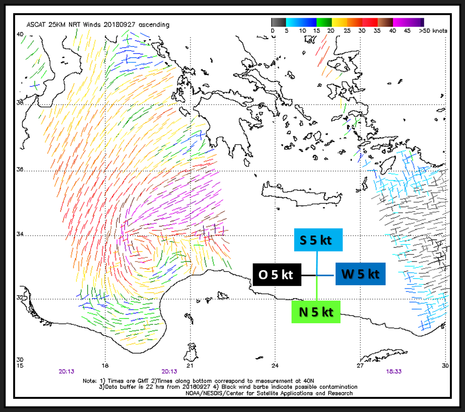 ASCAT Winddaten von NOAA/NESDIS/STAR OSWT mit der Darstellung der Unsicherheiten. (Quelle NOAA/NESDIS/STAR OSWT)