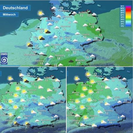 Das Wetter am Mittwoch (oben), Donnerstag (unten links) und Freitag (unten rechts).
