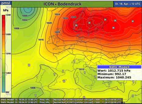 Die Bodendruckkarte für Dienstag den 18. April zeigt die wahrscheinliche Entwicklung eines Skandinavienhochs, das uns den Frühling bringen könnte.