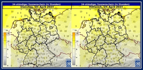 Vorhersage des 24-stündiger Sonnenschein am 18. und 19. April 2023 in Deutschland (Quelle DWD)