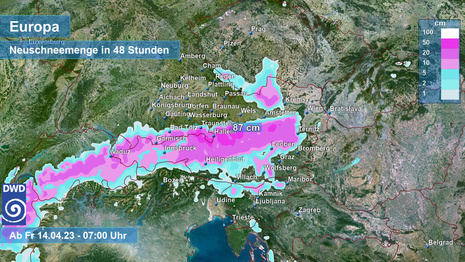 Prognose der Neuschneemenge über 48 Stunden (Quelle DWD)