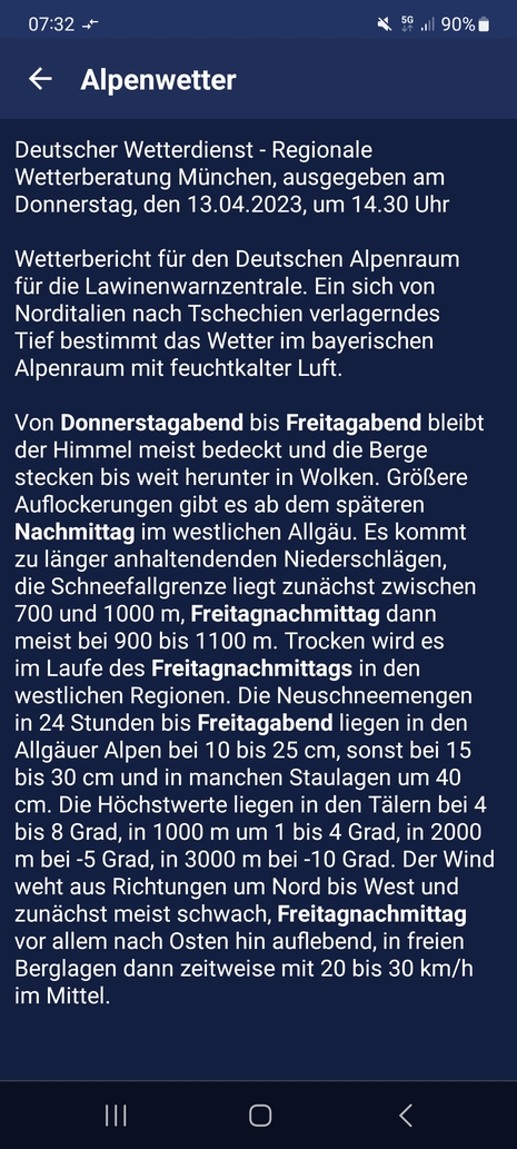 Alpenwetter für den Ostalpenraum (Quelle Warnwetter-App des Deutschen Wetterdienstes)