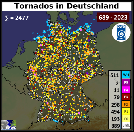 Die Karte zeigt alle Tornadofälle aus der Europäischen Unwetterdatenbank (ESWD) in Deutschland von 689 bis 2023.