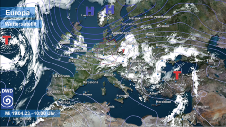 Isobarenkarte für Europa mit Druckzentren und Satellitenbild von Mittwoch, 19.04.2023 10 Uhr (Quelle DWD)