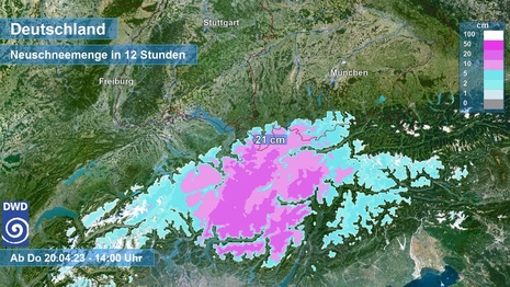 Prognose der 12-stündigen Neuschneemenge für Donnerstag, 20.04.2022 bis 14 Uhr (Quelle DWD)