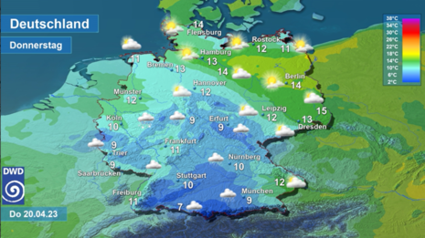 Vorhersage von Wetter und Höchsttemperatur für Donnerstag, 20.04.2023 (Quelle DWD)