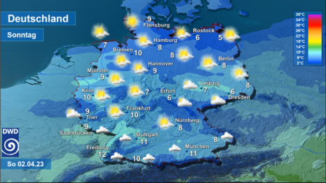 Das Wetter und die Höchstwerte in Deutschland am morgigen Sonntag, 02.04.2023