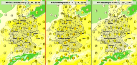 Vorhersage Höchsttemperaturen für Fr/Sa/So, 21.-23.04