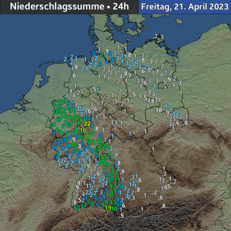 Die 24-stündigen Regensummen von Donnerstag (20. April 2023) zu Freitag (21. April 2023) zeigen in einem Streifen Mengen zwischen 10 und 20 Liter auf den Quadratmeter.