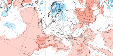 Mittlere wöchentliche 2 Meter Temperatur-Anomalie, Prognose des Europäischen Zentrum für mittelfristige Wettervorhersagen Ensembles für 29.05.-05.06.23 (Quelle EZMWF via DWD)