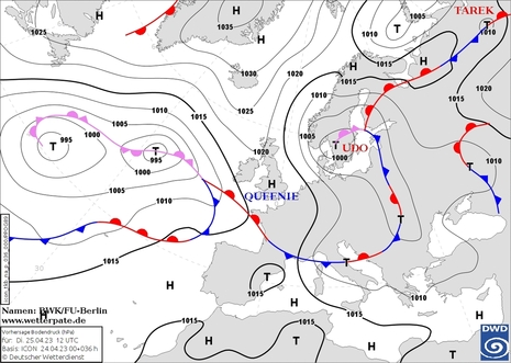 Prognosekarte für Dienstag, den 25.04.2023 um 12 UTC