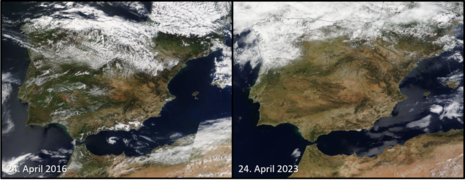 Die Satellitenbilder von 2016 und 2023 verdeutlichen die Trockenheit auf der Iberischen Halbinsel. (Quelle NASA Worldview)