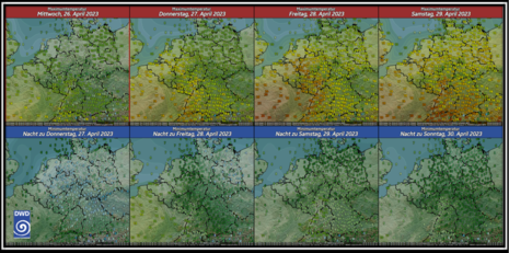 Temperaturverlauf mit Höchst- und Tiefstwerten bis in die Nacht zum Sonntag