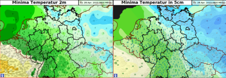 Tiefsttemperaturen der vergangenen Nacht zum Freitag, 28.04.2023 (links in 2 Metern Höhe, rechts bodennah in 5 cm Höhe) (Quelle DWD)