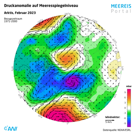 Druckanomalien und Windvektoren auf Meeresspiegelniveau in der Arktis für Februar 2023 (Quelle Meereisportal (Alfred-Wegener-Institut, Universität Bremen))