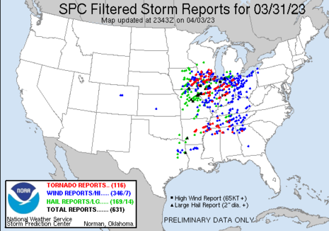 Beim SPC eingegangene Unwettermeldungen zwischen dem 31.03. und 01.04.2023. (Quelle Storm Prediction Center)