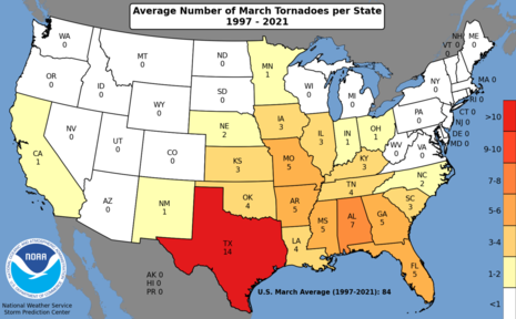 Abb. 3: Mittlere Anzahl an Tornados im März pro Bundesstaat. (Quelle NOAA, National Weather Service, Storm Prediction Center)