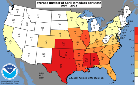 Mittlere Anzahl an Tornados im April pro Bundesstaat. (Quelle NOAA, National Weather Service, Storm Prediction Center)