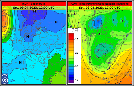 Druck und Geopotential am Ostersonntag um 12 UTC