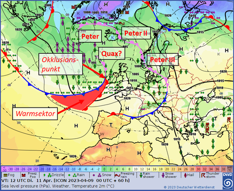 Vorhersagekarte für Dienstag, 11.4., 12 Uhr Weltzeit