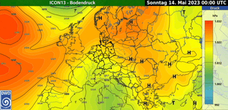 Animierter Bodendruck über Europa aus dem ICON13 Modell von Sonntag bis Dienstag (14.05.-16.05.23) (Quelle Deutscher Wetterdienst (DWD))